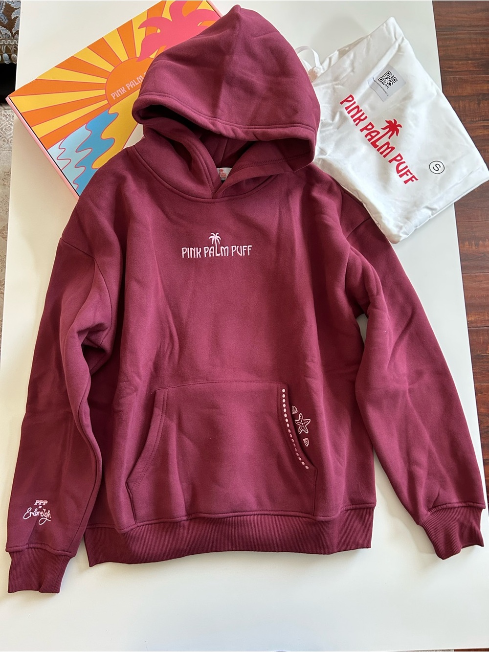 Pink Palm Puff Women's Burgundy Hoodie